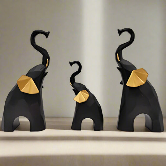 Black Set of 3 Geometric Elephants Statue Figurine for Home Decor
