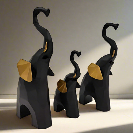 Black Set of 3 Geometric Elephants Statue Figurine for Home Decor